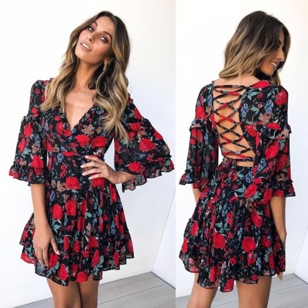 Selfie Leslie Dress Womens S Black Floral Mini Whimsigoth Bell Sleeves Sheer